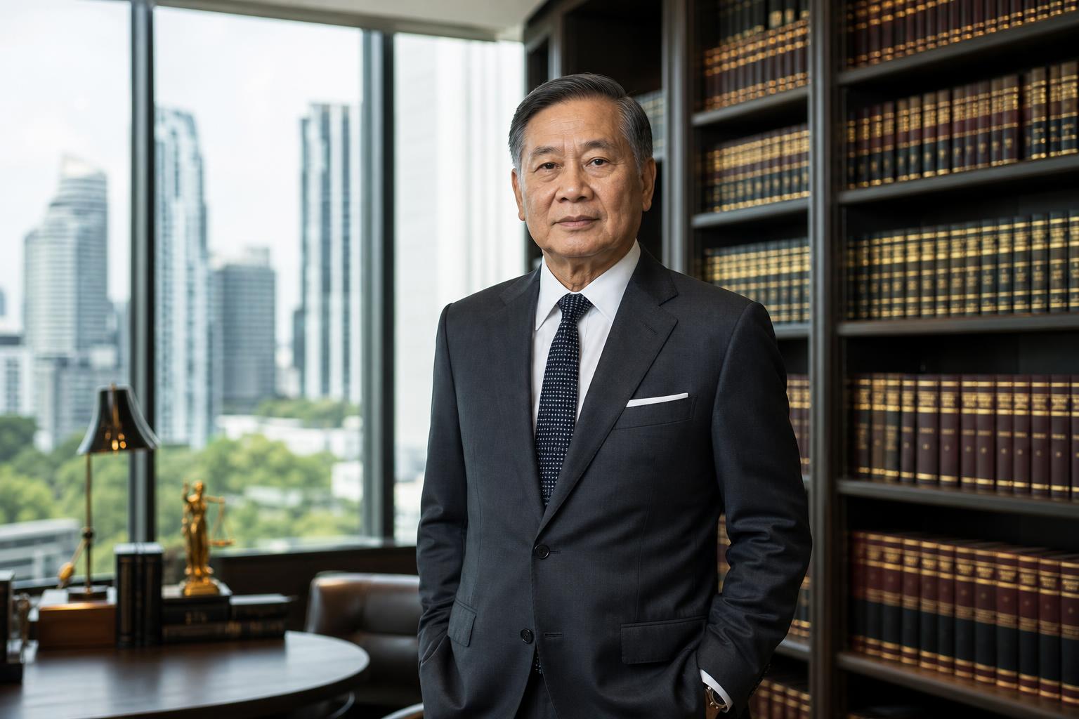 บริการกฎหมายและรับรองเอกสาร — Senior Thai lawyer standing in a modern Bangkok law firm library with leather-bound legal volumes