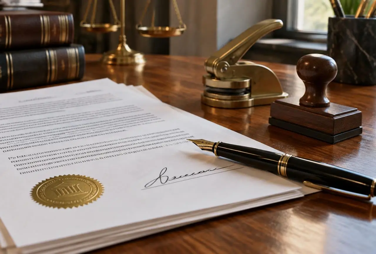 เอกสารสัญญาที่ลงนามแล้ววางคู่กับปากกาและตราประทับรับรองบนโต๊ะไม้ · Signed contract with pen and notary seal on a wooden desk